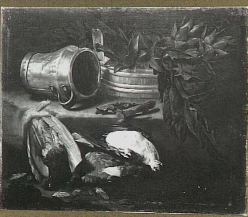Candido - Natura morta di pollame, carciofi e un barattolo caduto